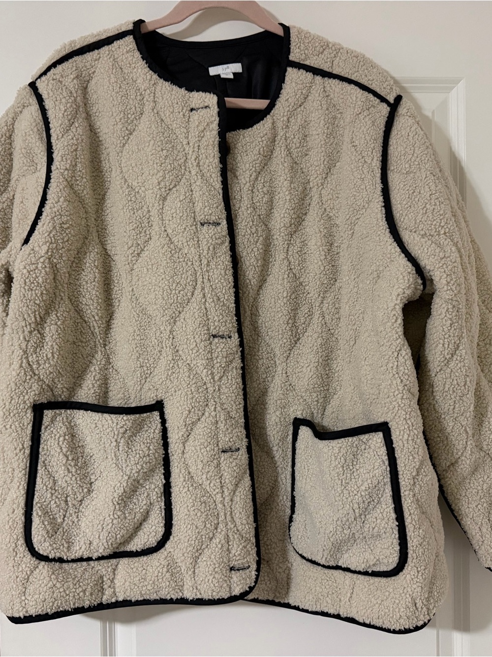 J. Jill Cream Sherpa Quilted Jacket with Black Trim